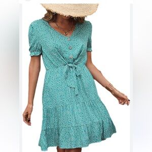 Vibrant green Dress with white Floral Design